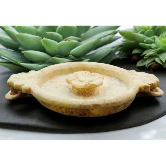 Vintage Hand-Carved Jade or Hard Stone Tray or Bowl With Floral Design & Handles